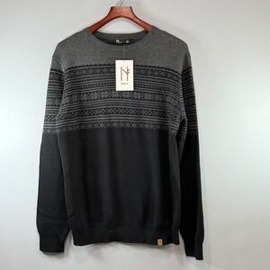 Neve Mens Crewneck Sweater Black Charcoal Fair Isle‎ Merino Wool Blend L
